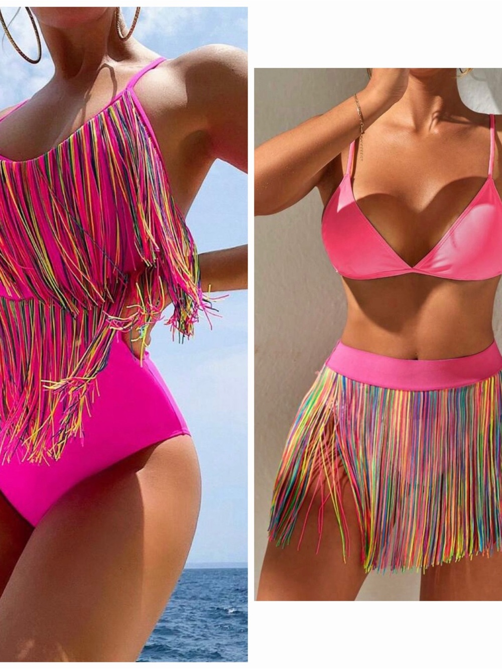Multicolor Fringe Party Dress - Hot Pink Trim